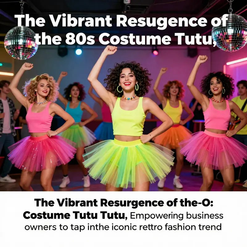 Group of individuals at a retro party wearing vibrant 80s costume tutus, celebrating the energetic atmosphere of the decade.