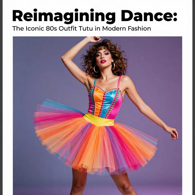 A stylish model dressed in an 80s-inspired tutu outfit, showcasing dynamic poses and colorful aesthetics in fashion.