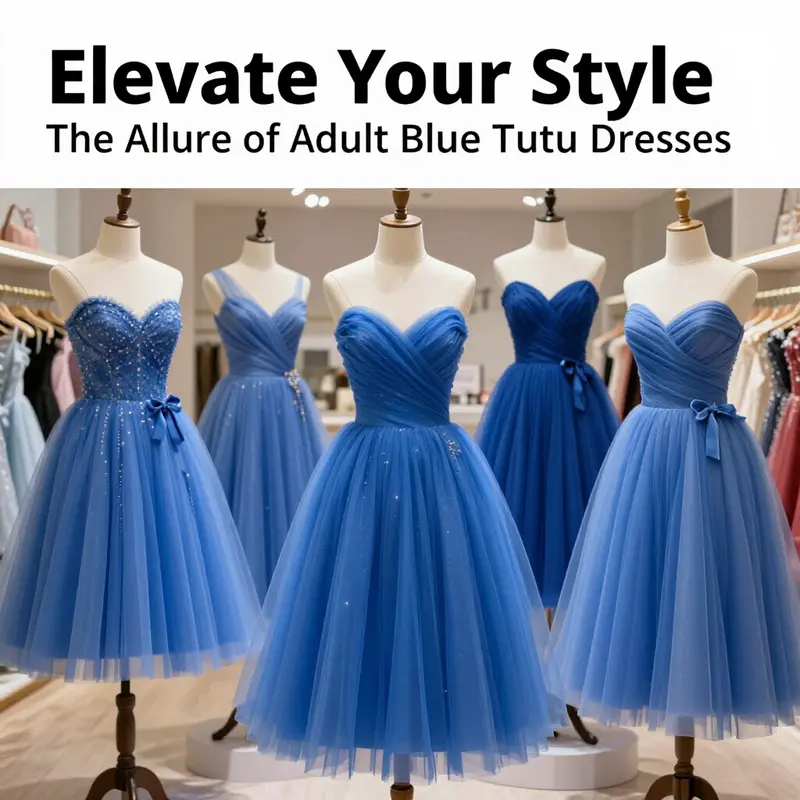 An array of adult blue tutu dresses on display in a boutique, emphasizing their availability and fashion appeal.