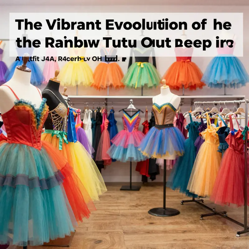 A colorful array of rainbow tutu outfits on mannequins in a dancewear shop, symbolizing fun and artistic expression.