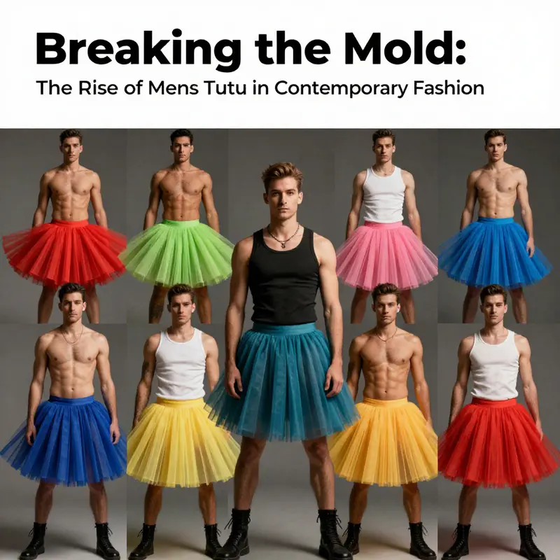 An artistic representation of various styles of mens tutus worn by male models.