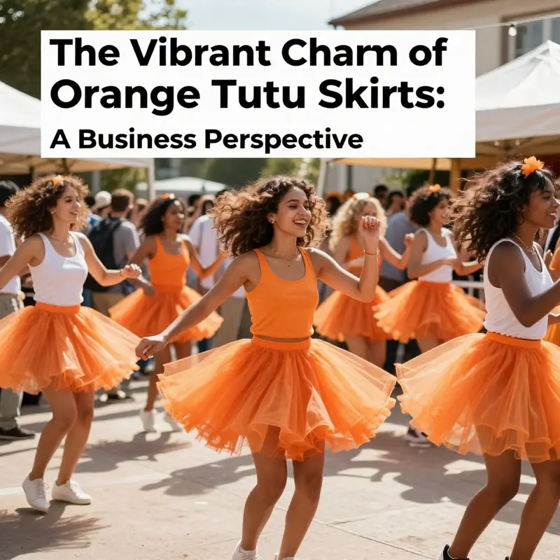 Outdoor celebration featuring people wearing orange tutu skirts, showcasing liveliness and creativity.