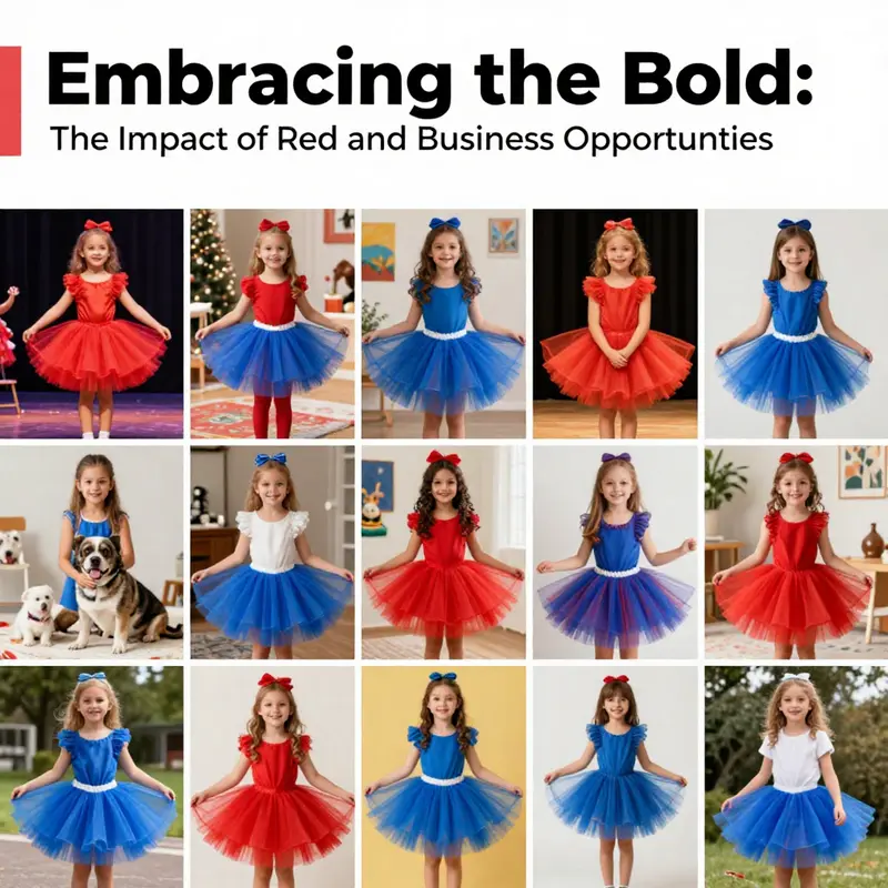 A vibrant collage showcasing a variety of individuals and pets in red and blue tutus across joyful settings.