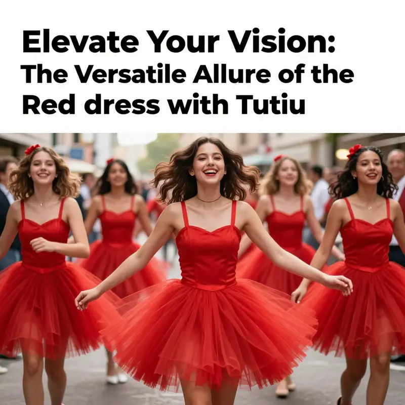 A festive scene illustrating a group in red tutu dresses celebrating joy, highlighting the garment's charm and versatility.