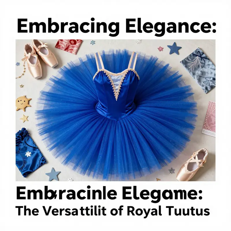 An artistic display of a royal blue tutu surrounded by ballet shoes, fabric swatches, and festive decorations.