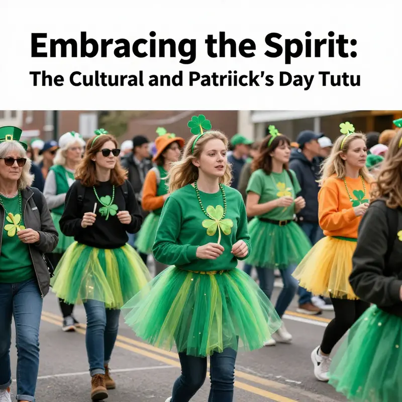 A diverse group of participants in festive attire featuring Saint Patrick's Day tutus at a community event.