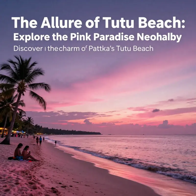 A beautiful sunset over Tutu Beach with pink skies and silhouettes of palm trees and people.