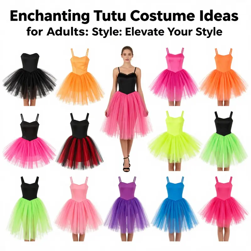 A colorful collection of adult tutu costumes, highlighting diverse designs for creative and themed outfits.