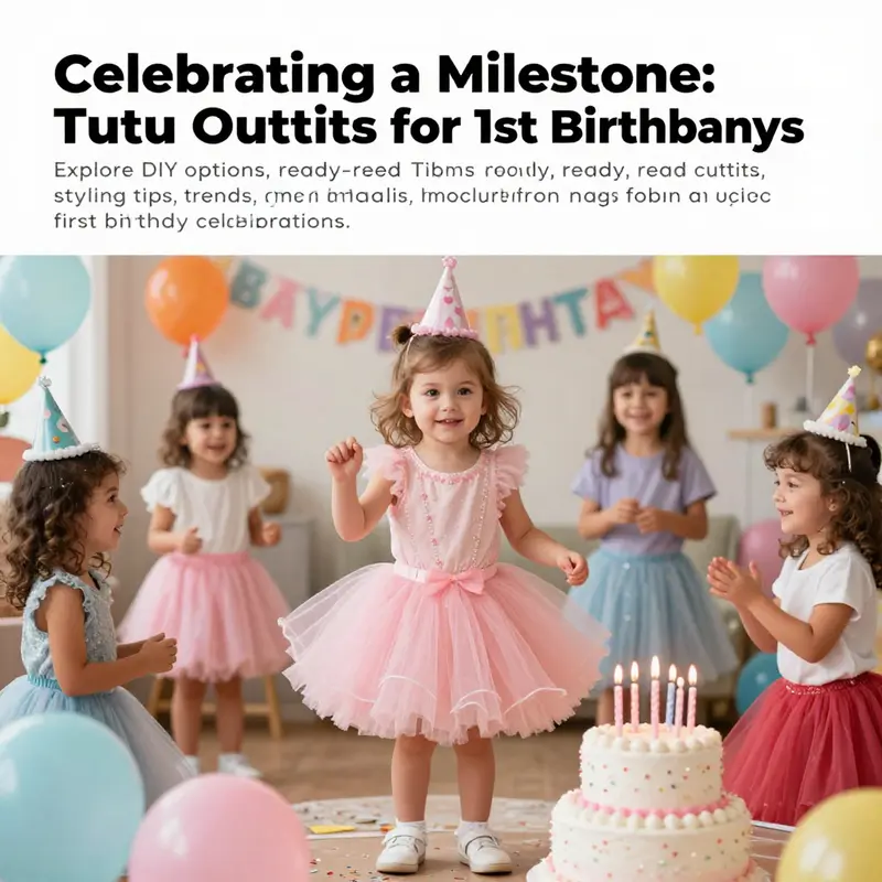 A cheerful little girl wearing a tutu outfit enjoying her first birthday party, full of decorations and a festive atmosphere.