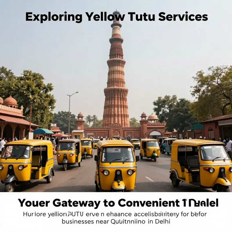 Panoramic view of Qutub Minar area with yellow TUTU cars enhancing accessibility for tourists.