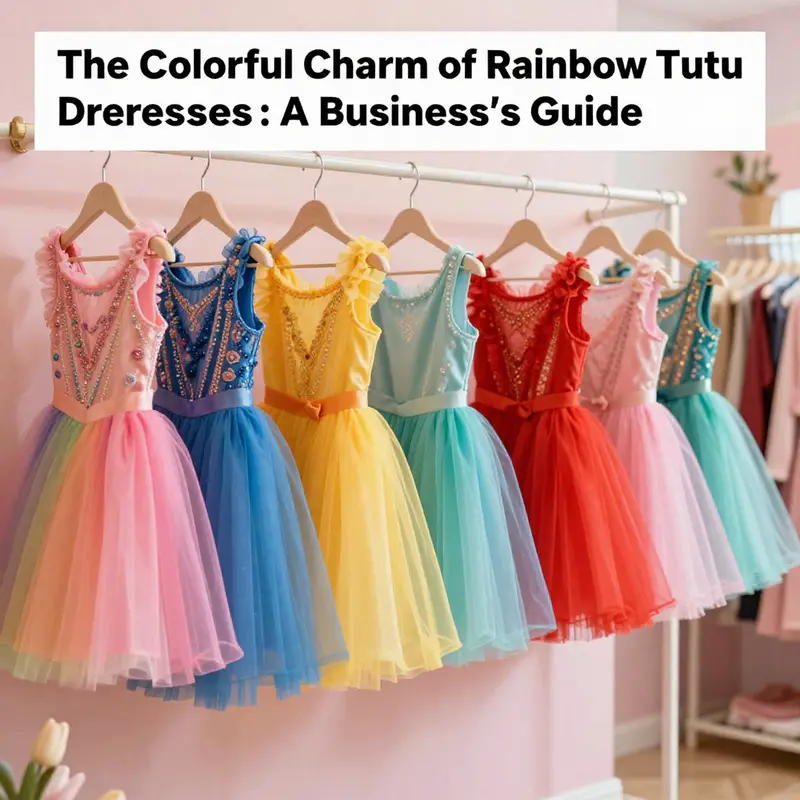 An array of rainbow tutu dresses arranged in a boutique display, showcasing their vibrant colors and playful design.