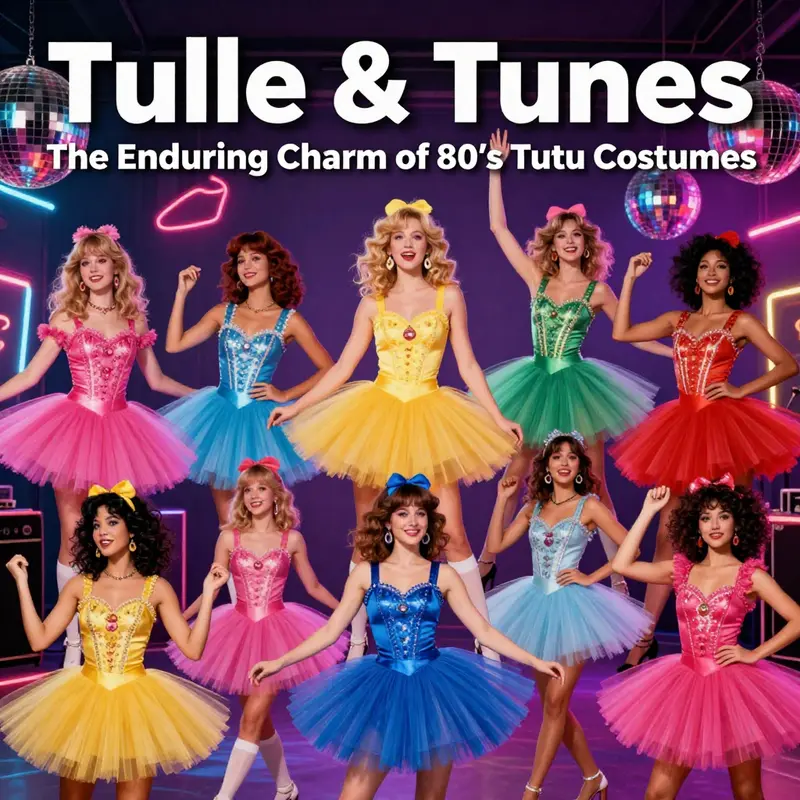 A vibrant collection of 80’s tutu costumes reflecting the decade’s diverse cultural influences.