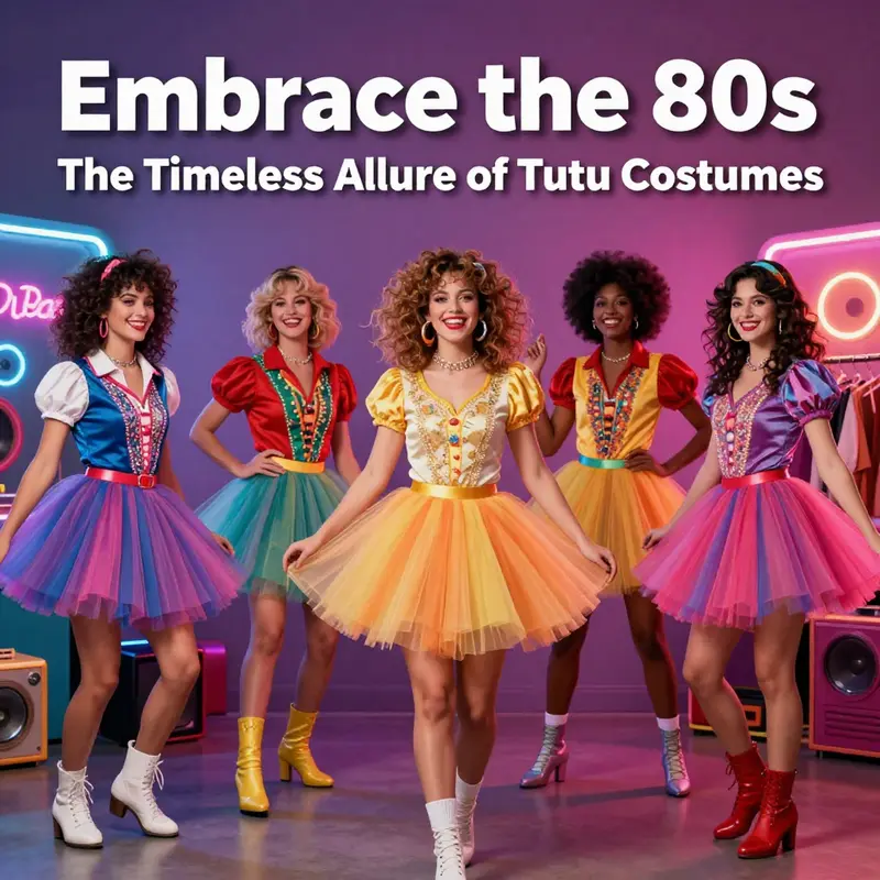 A lively ensemble of friends celebrating the vibrant 80s fashion, captured in their eye-catching tutu costumes.