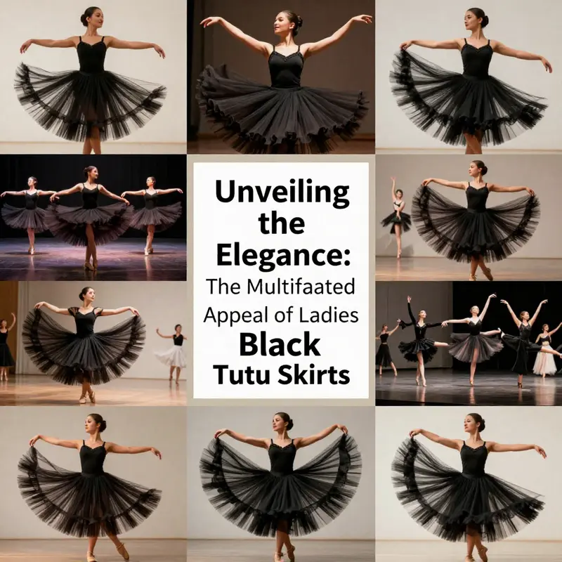 A stylish woman demonstrates the versatile styling of a black tutu skirt suitable for various occasions.