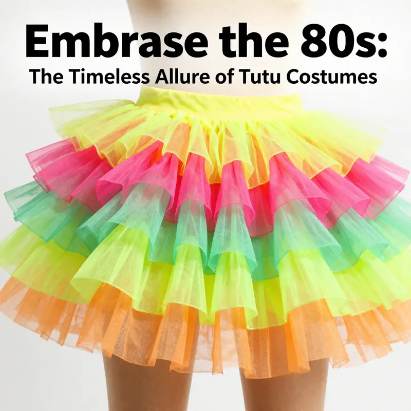 A lively ensemble of friends celebrating the vibrant 80s fashion, captured in their eye-catching tutu costumes.