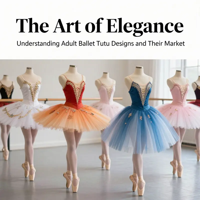A collection of adult ballet tutus highlighting their design and material features in a dance studio.