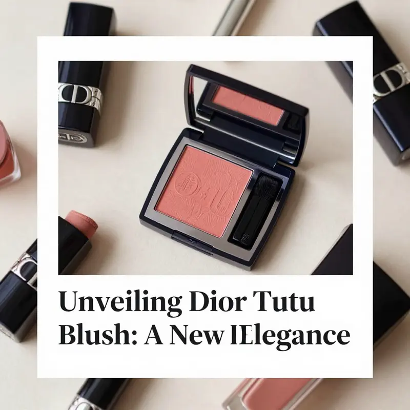 Flat lay of Dior Tutu Blush alongside other beauty products, presenting a sophisticated aesthetic.