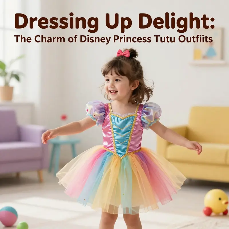 A happy toddler in a Disney Princess tutu outfit playing joyfully in a bright setting.