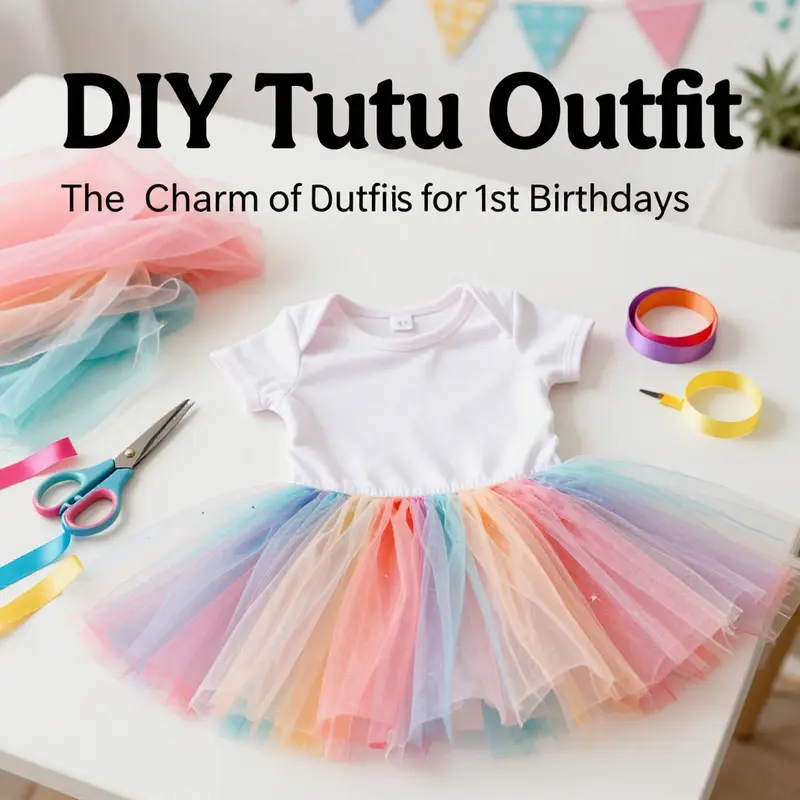 A creative space filled with materials for crafting a personalized tutu outfit for a 1st birthday celebration.