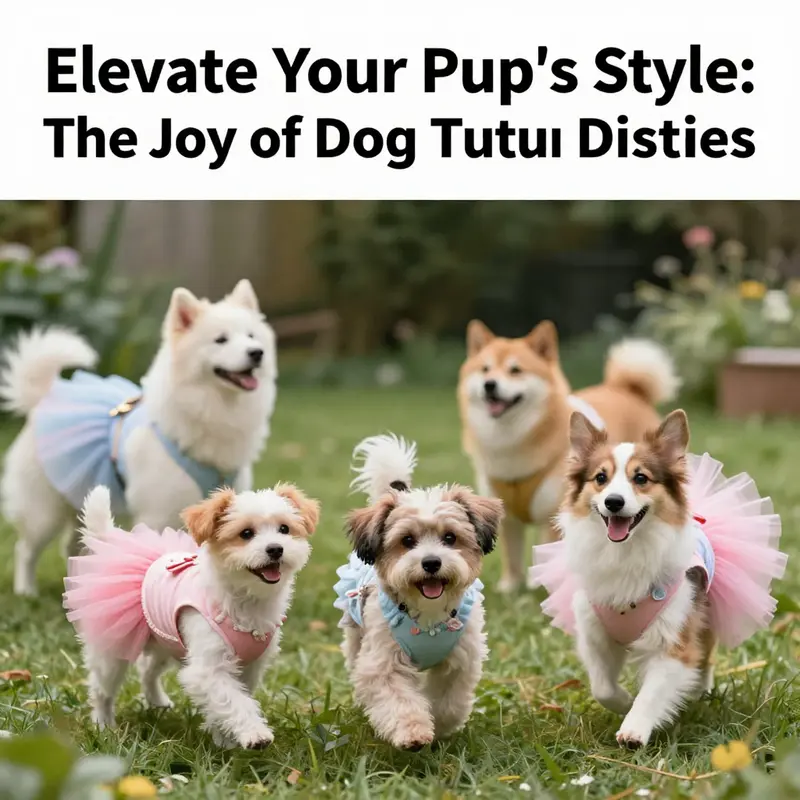 Several dogs playing in a garden, dressed in colorful tutu dresses, showcasing the fun of dog fashion.