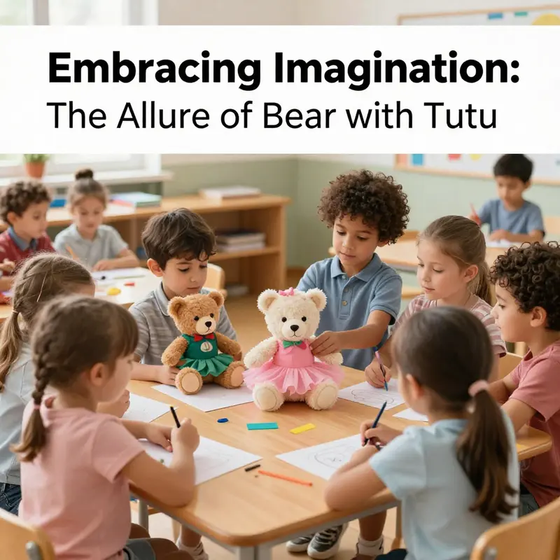 A collection of toys showcasing the enchanting charm of teddy bears dressed in tutus within a colorful toy store.