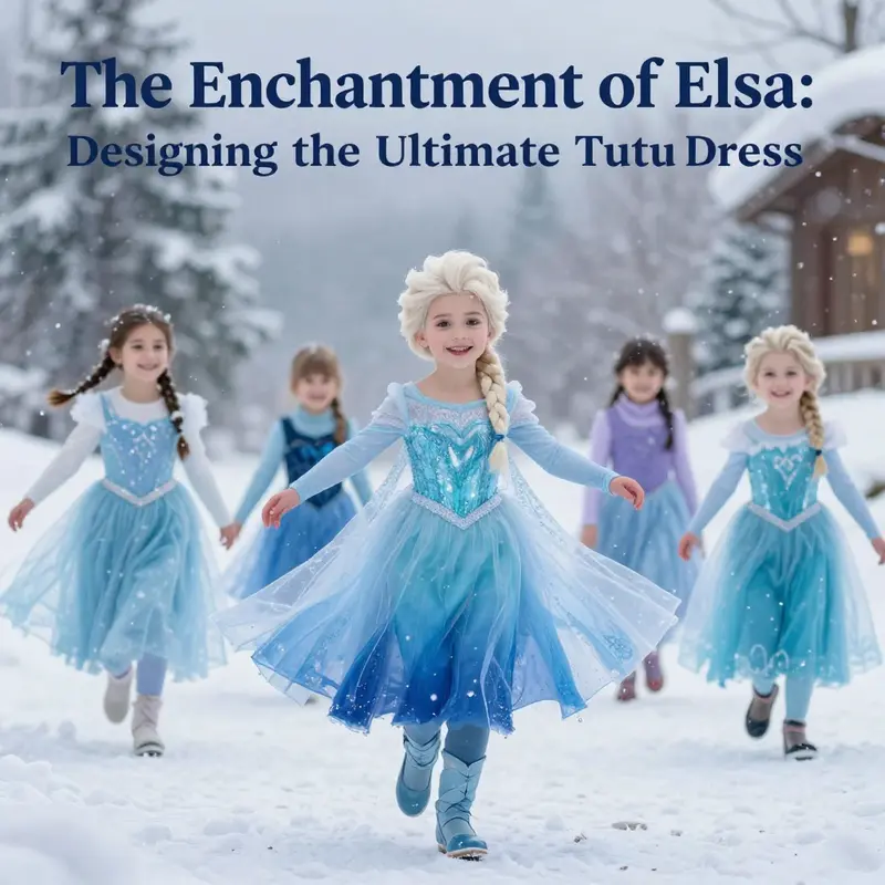 Children playing joyfully in Elsa Frozen tutu dresses in a snowy outdoor environment.