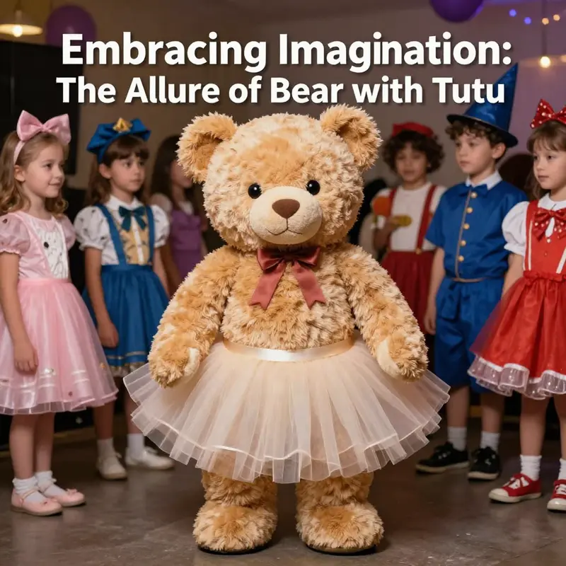 A collection of toys showcasing the enchanting charm of teddy bears dressed in tutus within a colorful toy store.