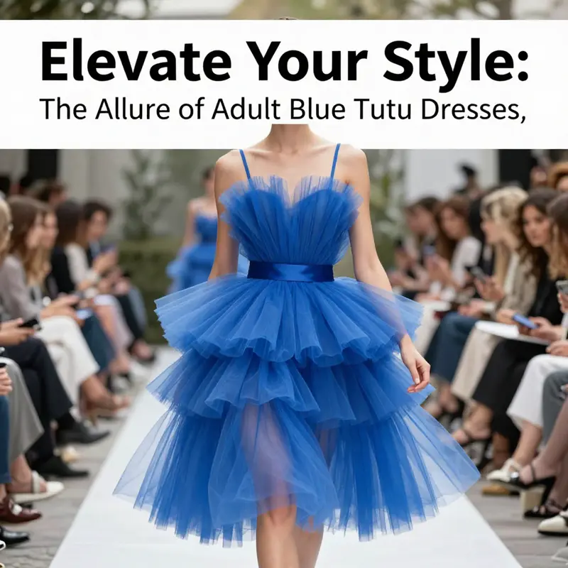 A chic adult woman modeling an elegant layered blue tutu dress, representing current fashion trends.