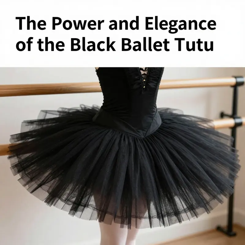 A black ballet tutu hanging gracefully on a barre, emphasizing its intricate design and appeal.