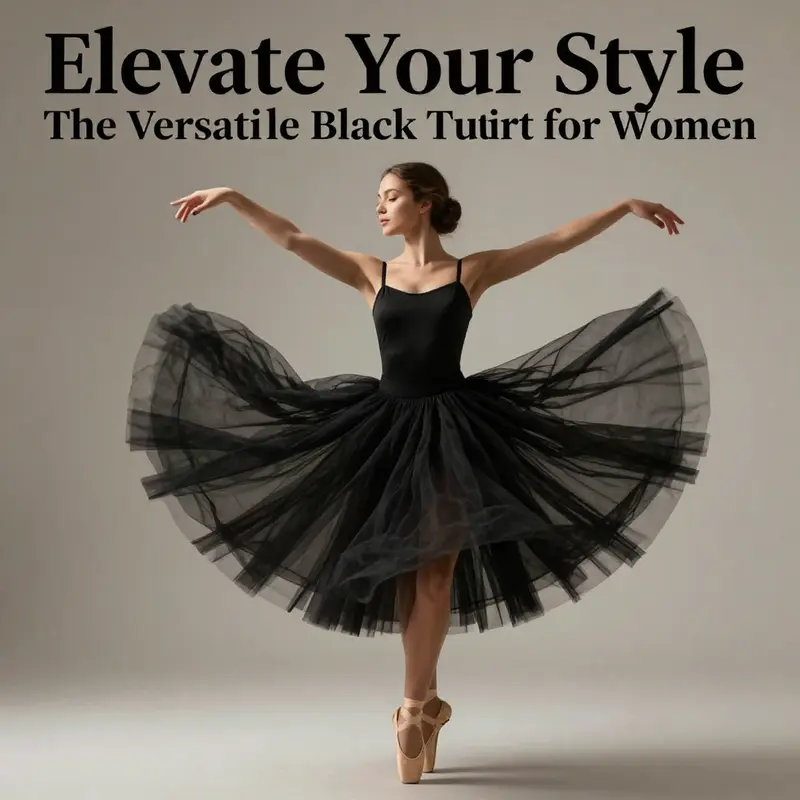 A woman beautifully posed in a black tutu skirt against a soft background, demonstrating elegance and style.