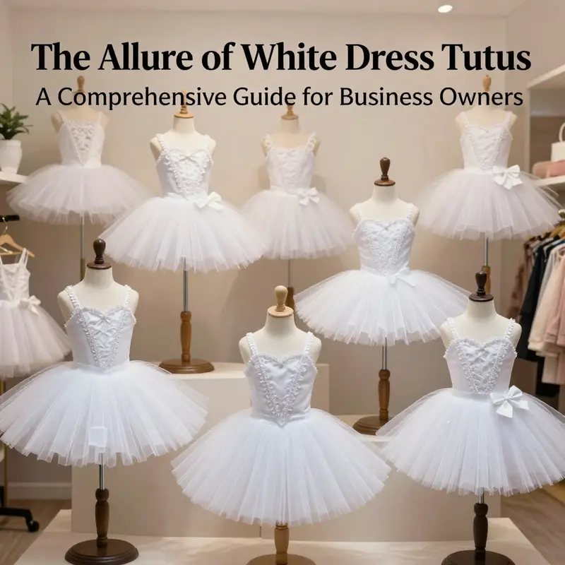 Display of different styles of white dress tutus in a boutique setting, highlighting their versatility and market appeal.