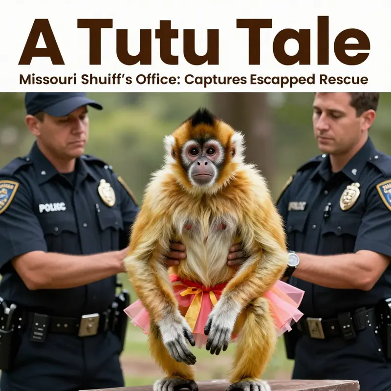 A police officer capturing a spider monkey in a tutu, depicting community policing at its best.