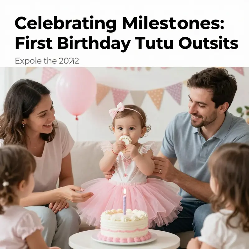 A happy baby girl in a colorful tutu outfit celebrating her first birthday with cake and festive decorations.