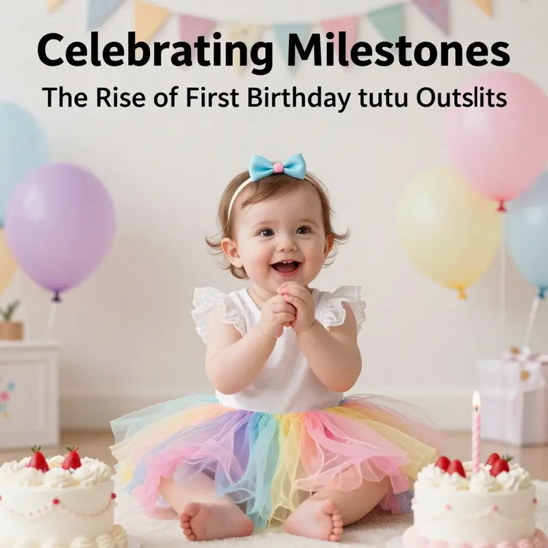 A baby girl reveling in her first birthday celebration in a vibrant tutu outfit.