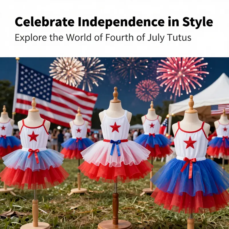 A festive display of Fourth of July tutus in red, white, and blue, with fireworks framing the background.