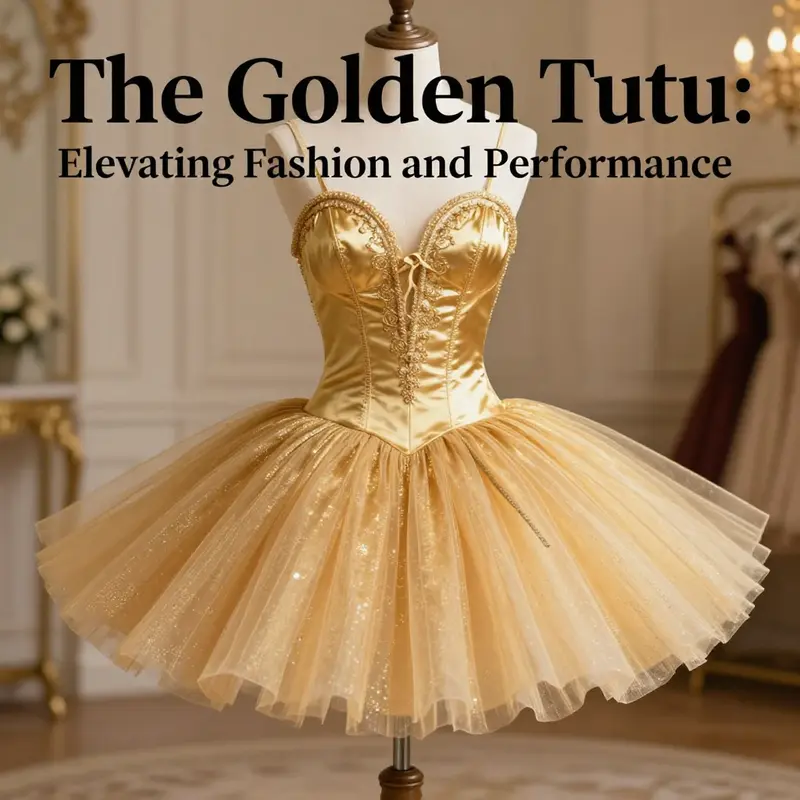 A beautifully styled gold tutu skirt on a mannequin against a blurred background, representing fashion and elegance.