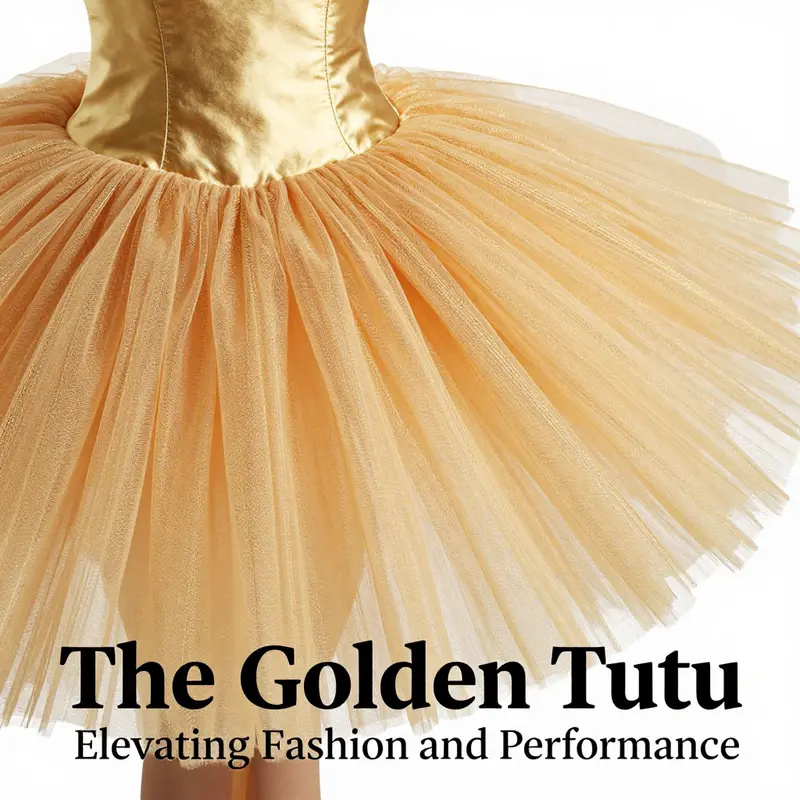 Detailed view of the layers and material composition of a gold tutu skirt highlighting its elegance and craftsmanship.