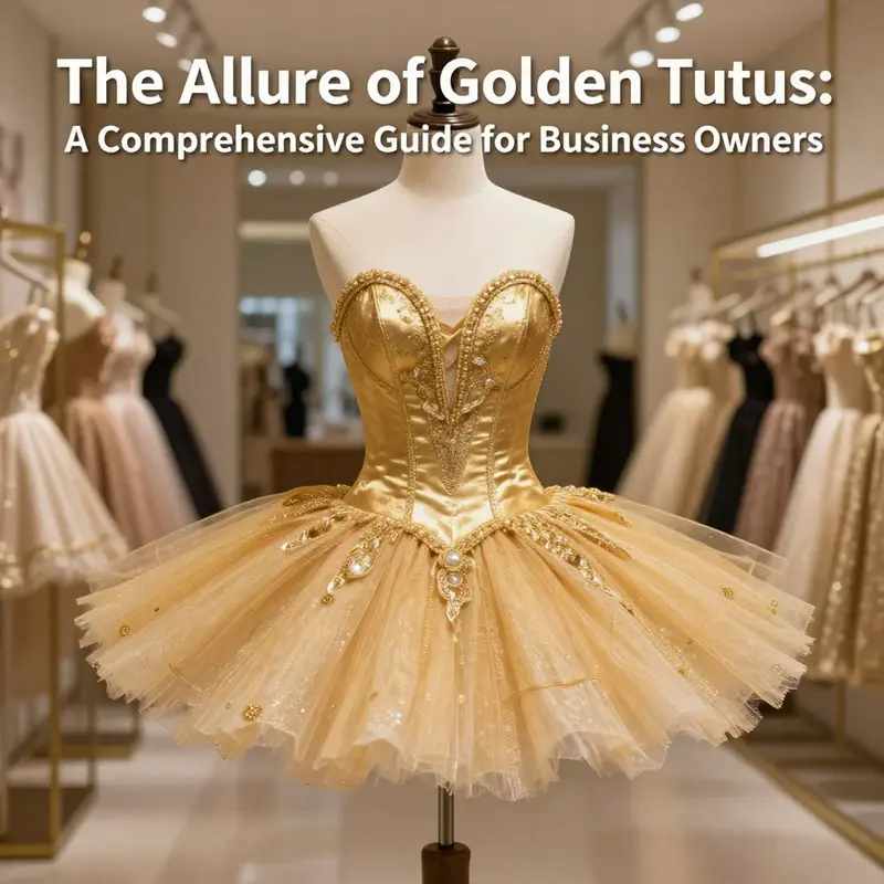 A golden tutu showcased on a dress form in an upscale clothing boutique.