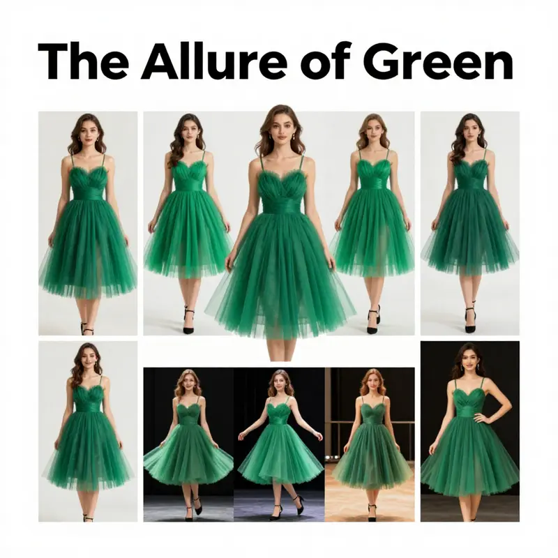 A collage featuring various styles of green tutu dresses for adults, emphasizing their appeal for performances and celebrations.