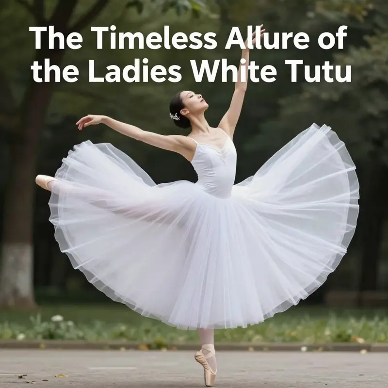 A ballet dancer wearing a ladies white tutu in an outdoor setting.