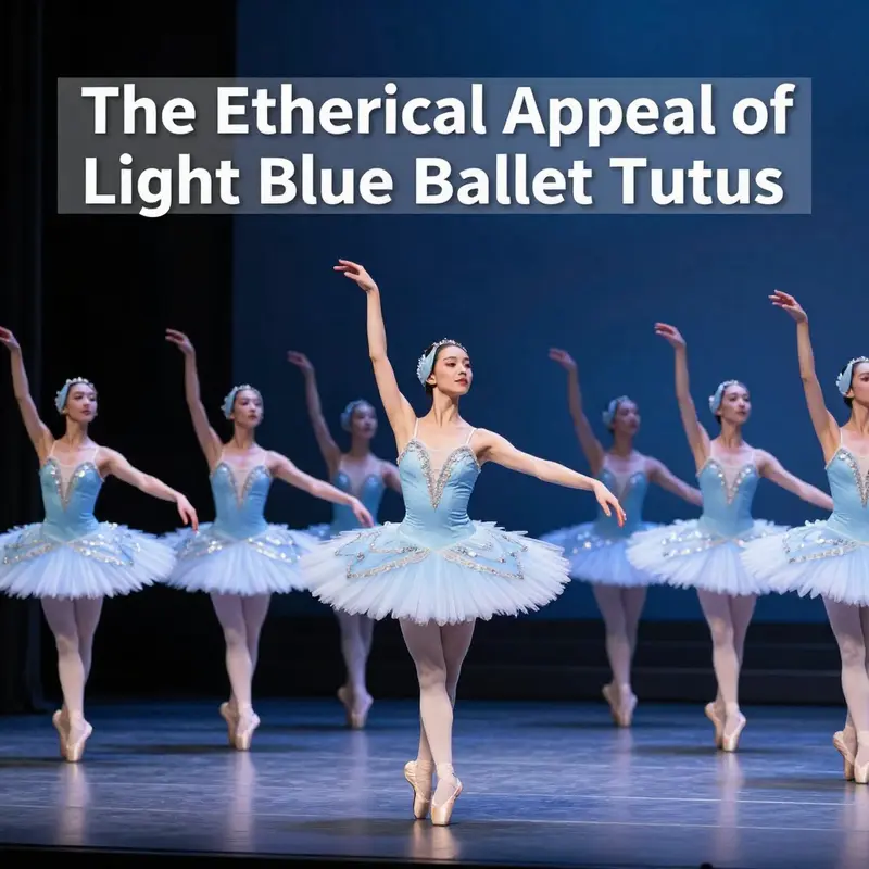Ballet dancers in light blue tutus on stage under soft lighting, showcasing the enchanting visual of ballet.