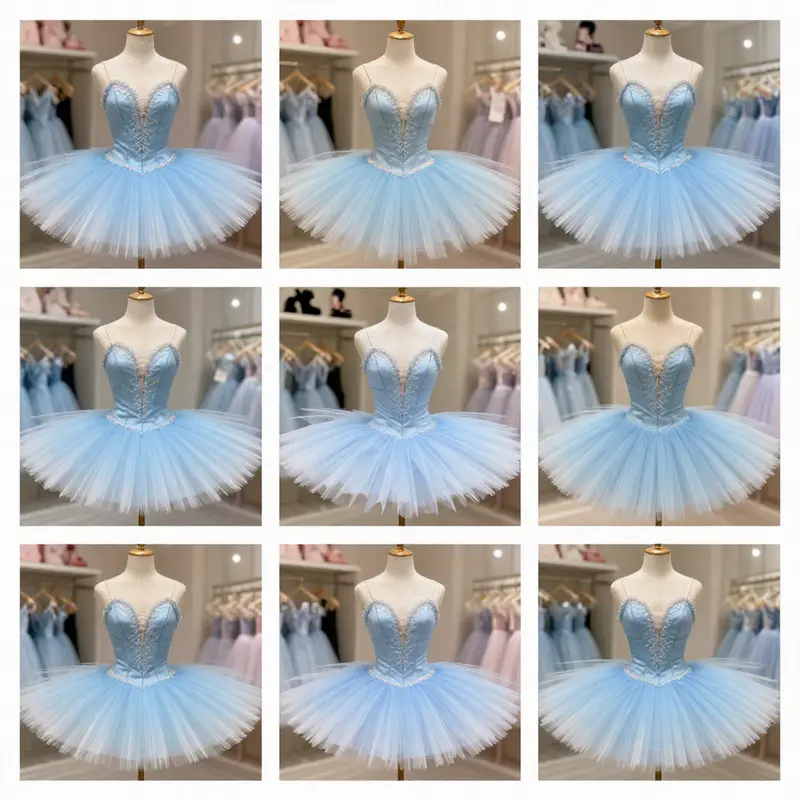 An illustration of the exquisite design elements of a light blue ballet tutu, showcasing its layers and elegance.