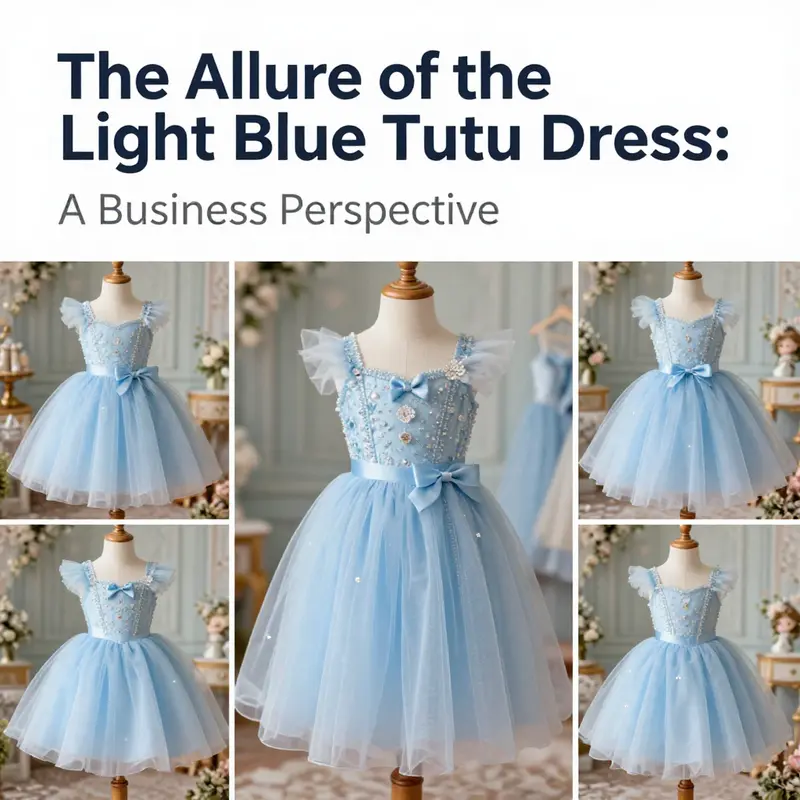 A collection of light blue tutu dresses in a fairy-tale inspired setting.