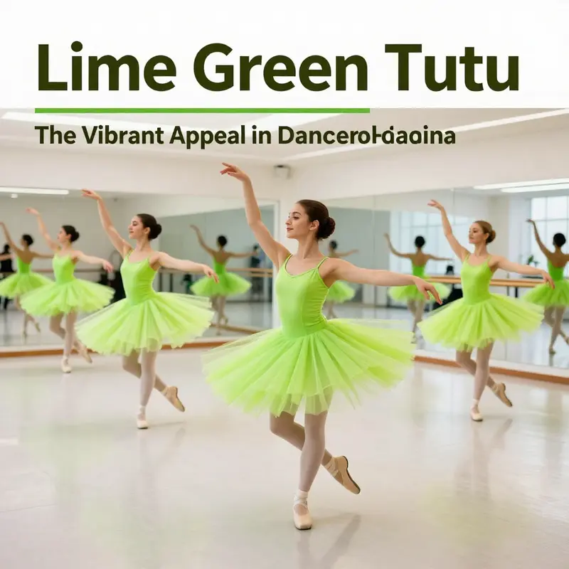 Dancers wearing lime green tutus in a dance studio, highlighting movement and elegance.