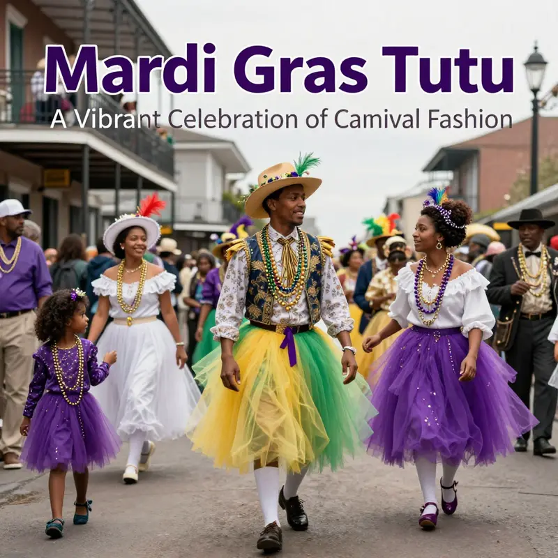 The essence of carnival fashion revealed through colorful Mardi Gras tutus worn by jubilant festival-goers.