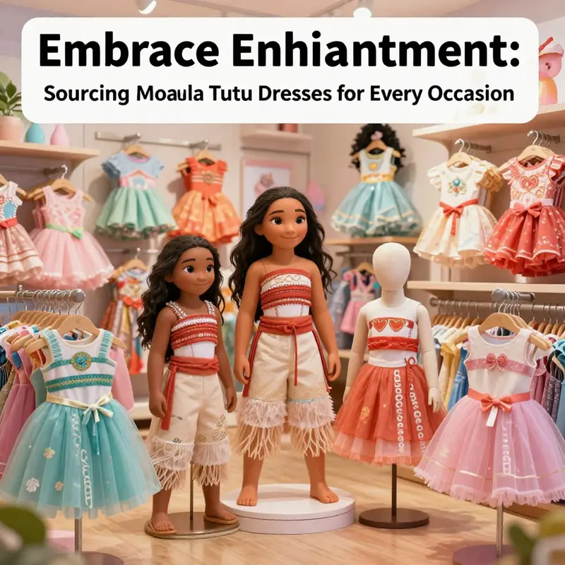 Artistic display of Moana tutu dresses in a boutique, representing the charm and variety available.