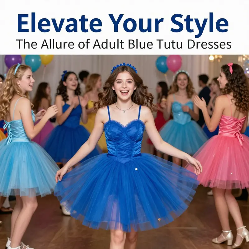 A chic adult woman modeling an elegant layered blue tutu dress, representing current fashion trends.