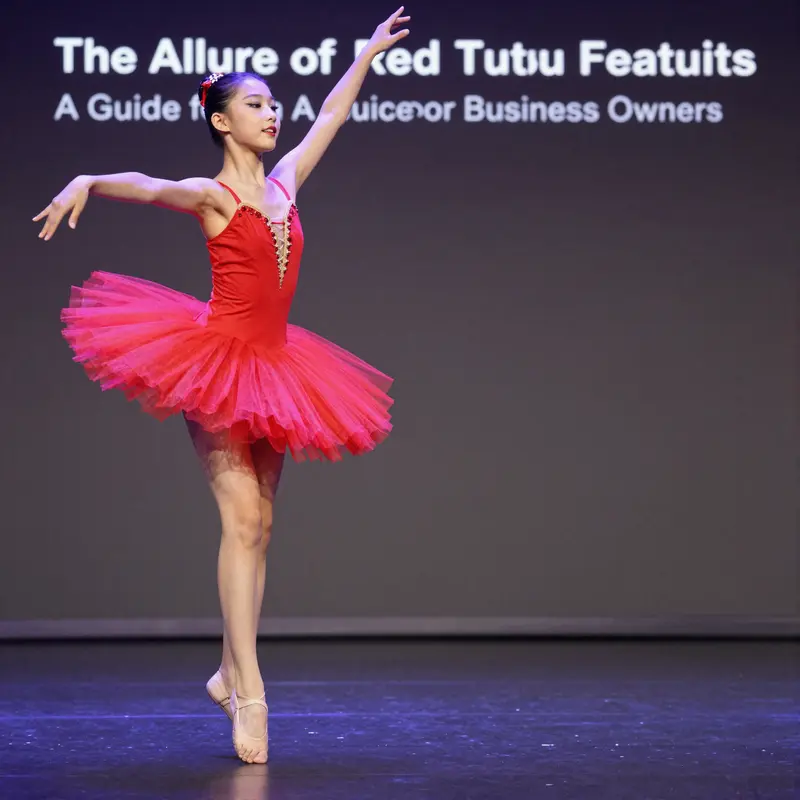 A dancer demonstrating the beauty and performance features of a red tutu outfit on stage.