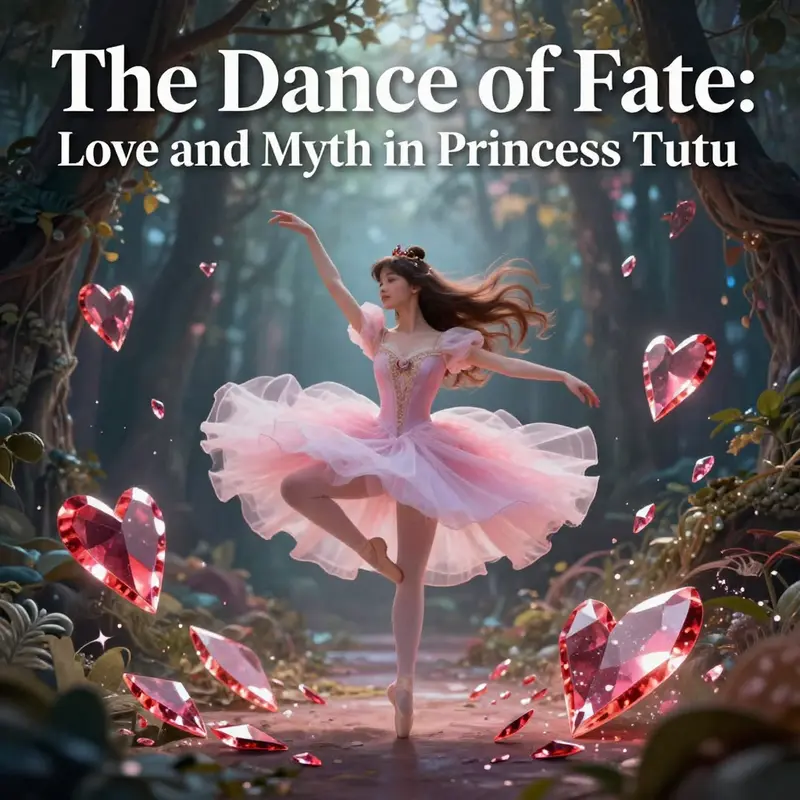 An illustration of Princess Tutu in a graceful ballet pose, surrounded by heart shards and a mystical backdrop, representing the themes of love and fate.