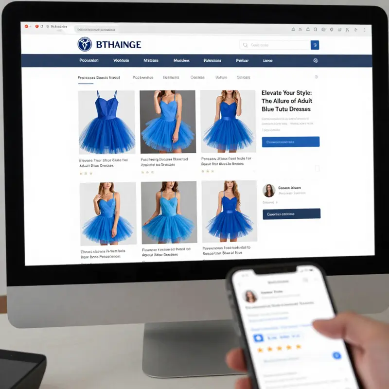A chic adult woman modeling an elegant layered blue tutu dress, representing current fashion trends.